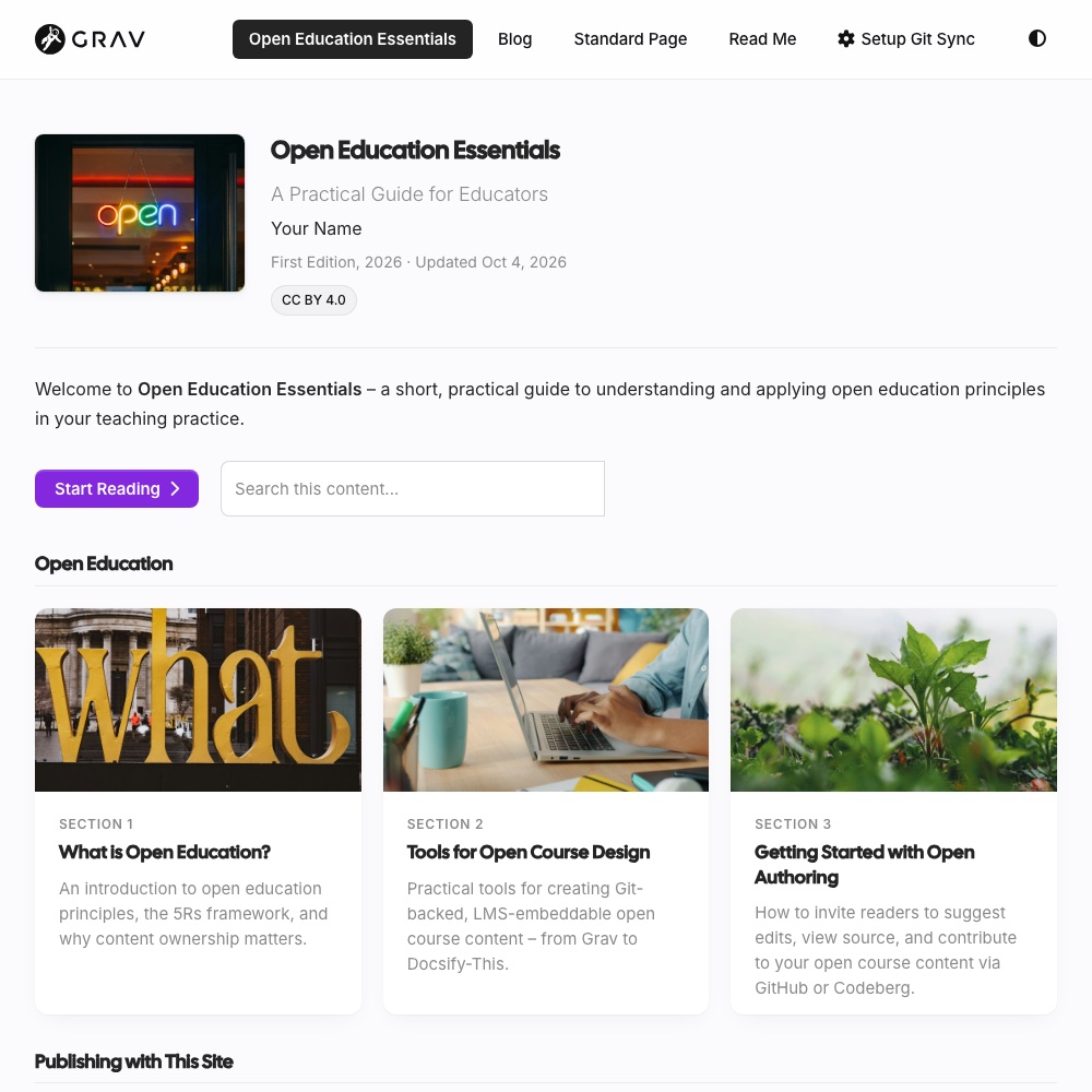 An Open Publishing Space guide home page, with its cover, Start Reading button, search box and a card for each section
