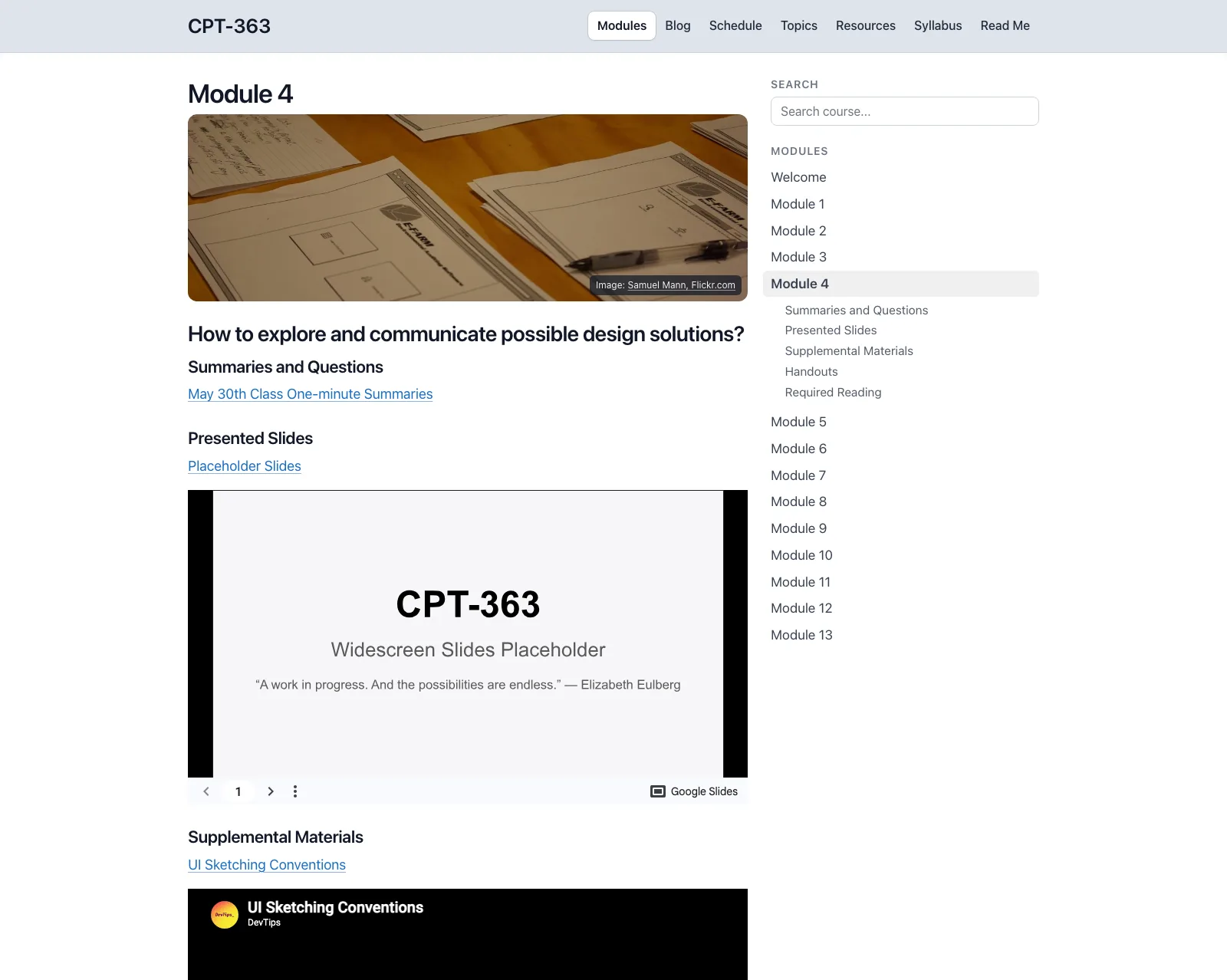An Open Course Hub module page, with the module list beside it showing the current module's sections